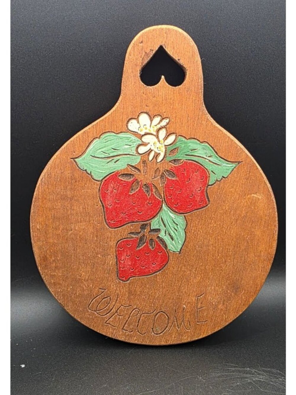 Vintage Wooden Wall Hanging "Welcome" Hand Painted Strawberry Decor Cottagecore